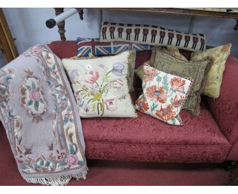 A Vintage Crewel Work Cushion of Floral Design, together with tapestry and other cushions, two modern fabric draught excluder