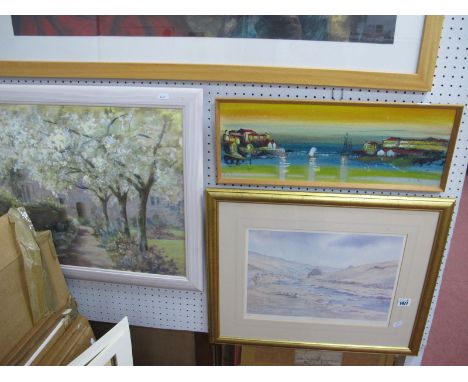 Stella Brookes, Haddon Hall, oil on board, signed lower right, 42.5 x 53cm. K. Burton signed print, Continental scene gouache