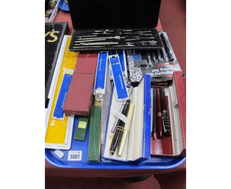 Sheaffer and Other Pens, Riefler geometry set, slide rule, Moore &amp; Wright steel rule, etc:- One Tray.