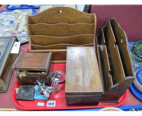 Two Oak Stationary Racks, XIX Mahogany caddy box, magnifier, scissors, etc:- one Tray.