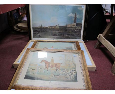 A Pair of XIX Century Style Hunting Prints, in maple frames, together with other prints.