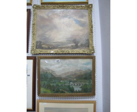 L.W. Pocock, Seascape, oil on canvas signed lower left, 39.5 x 49cm, unsigned Valley Scene with Bridge in Foreground, oil on 