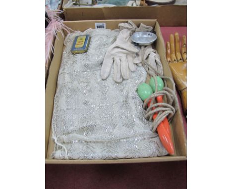 Art Deco Cream Net &amp; Silvered Assuit Shawl, 51cm wide 218cm long (small tear), ladies gloves, cocoa tin, skipping rope, d