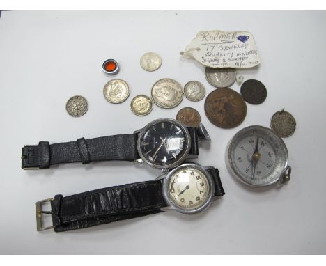 Roamer and Nelson Gents Wristwatches, Stesco compass, coinage.