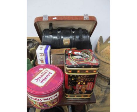 Pukka Luggage Croc Effect Vanity Case, black leather briefcase, early XX Century leatherwork tools and various vintage tins.
