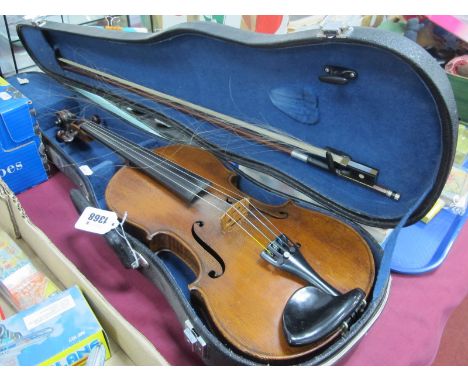 A Violin, with a two piece back, bearing label, copy of Antonio Stradivarius Made in Germany (cased), with bow.