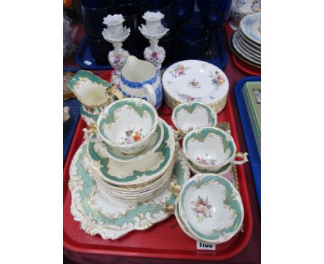 XIX Century Tea Ware in Pale Green and Gilt, hand painted with bouquets, seventeen pieces, eight Minton 'Marlow' side plates,