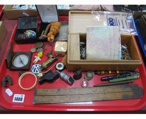 A Mahogany Cased Compass Circa 1900, featuring 32 points, 'S' &amp; 'N' to blue steel pointers. Vulcan ruler, scissors, Swan 