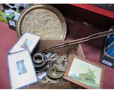 XIX Century Chamber Candlestick, copper pan, brass engraved tray:- One Box