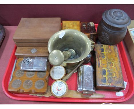 A XIX Century Brass Mortar, Pestle, pocket sundial, compass, tobacco jar, with carved regiment badge:- One Tray