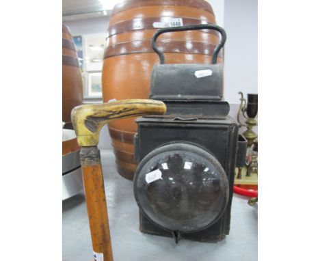 B.R.M.M. Railway Lamp, together with a XIX Century walking stick. (2)