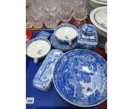 A XIX Century Blue-White Rectangular Dish, Copeland Spode blue-white bowl, Booth's blue-white tea caddy:- One Tray.