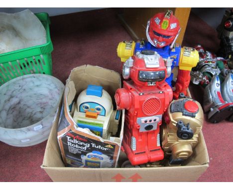 Robots - Tomy Time Talking Tutor Robot, (in box). Hong Kong new bright in gold and red, a larger blue bodied robot, 41.5cm hi