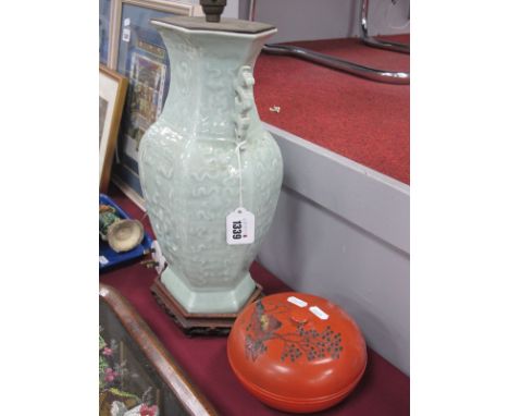 Chinese Celadon Pottery Table Lamp, of hexagonal form, on wooden base plus lacquered circular box. (2)