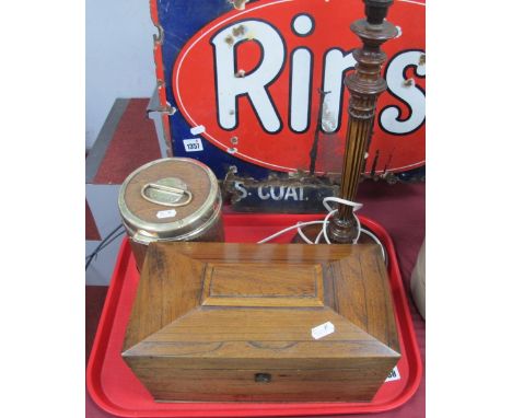 Oak &amp; Plated Tea Caddy, having a pottery liner. XIX Century Rosewood tea caddy, lacking interior. Mahogany table lamp. (3