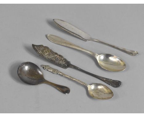 A Collection of Silver Teaspoons, Butterknife and Tea Caddy Spoon 