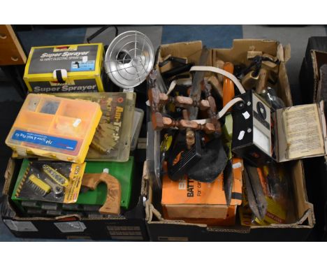 Two Boxes of Various Vintage and Later Tools, Super Sprayer, Battery Charger, Screws Etc 