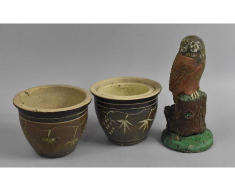 Three Graduated Plant Pots together with a Reconstituted Stone Garden Ornament in the Form of an Own on Trunk 