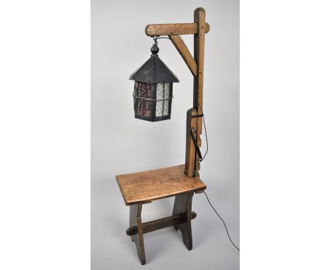 A Mid 20th century Oak Adjustable Standard Lamp in the Form of a Stool, Lantern Style Light Fitting 