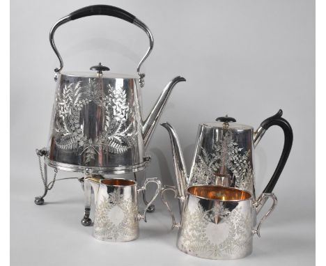 An Edwardian Engraved Silver Plate Four Piece Tea Service to Comprise Tall Spirit Kettle on Stand with Burner, Hot Water or C