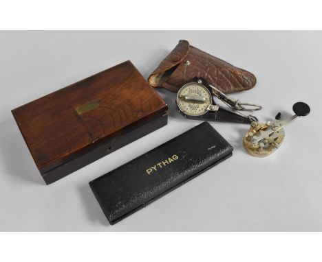 A Collection of Various Items to Comprise Vintage Nivelator Gauge in Leather Pouch, Morse Coding Device, Oak Cased Drawing In