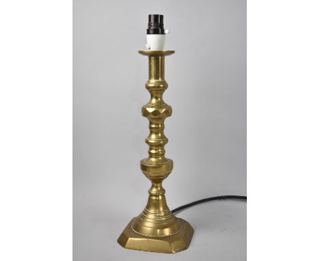 A Brass Candlestick Repurposed as a Table Lamp, 41cms High 