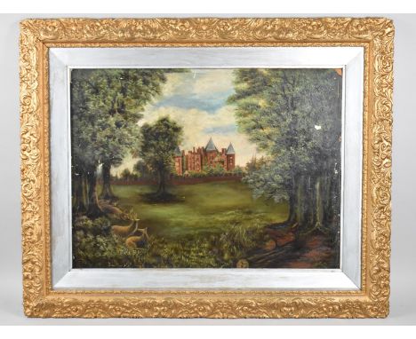 A Large Gilt Framed Oil on Board, Gothic Country House from Wooded Location, Signed L K Doogood, 61x45cm 