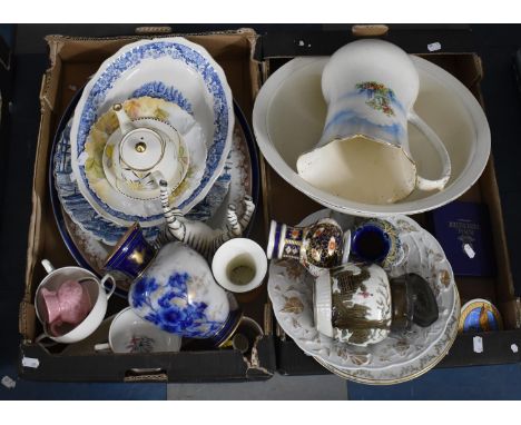 Two Boxes of Various Ceramics to include Royal Crown Derby Porcelain Vase, Continental Plate Decorated in Relief with Flowers