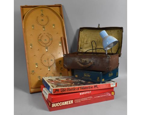 A Collection of Various Vintage Games (Unchecked) Bagatelle Board, Vintage Leather Case, Lamp Etc 