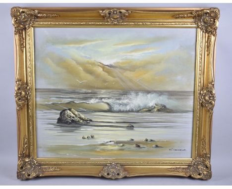 A Gilt Framed Oil on Board, Wave Breaking on Beach, Signed K Hendrick, 60x49cm 