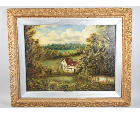 A Large Gilt Framed Oil on Board Depicting Half Timbered House in Valley, 61x45cm, Signed L K Doogood 