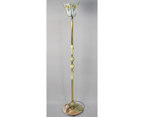 A Mid 20th Century Brass and Onyx Standard Lamp with Printed Glass Shade 
