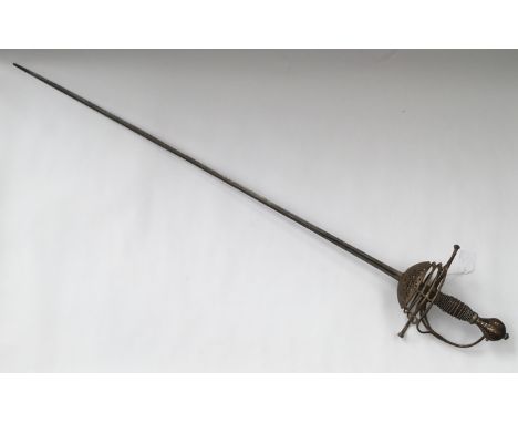 A 17th / 18th continental cup hilt rapier. Narrow double edged steel blade with very short fuller.There are the remains of so