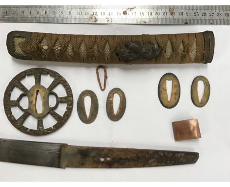 Japanese Katana Sword, pre 1945 blade, Tsuka, Tsuba and some of the other mounts possibly later scabbed & two other mounts on