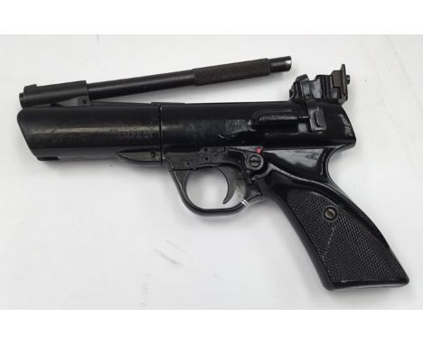 A Webley Tempest classic style British air pistol in .22" all black finish with no visible number.&nbsp; With its top-mounted