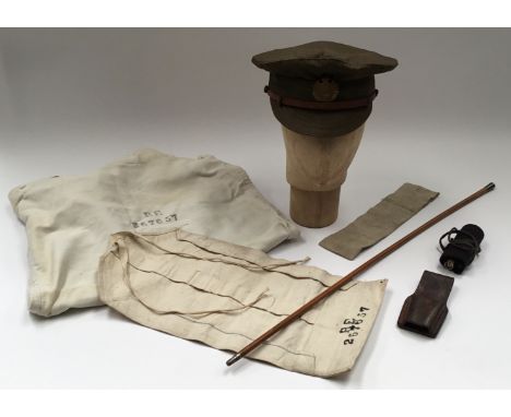 A late WW1 era, 1918 issued denim 1917 pattern trench cap, as issued to 267657 Sapper John Johnson of the Royal Engineers (an