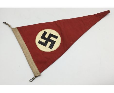 A WW2 era NSDAP double sided car pennant.Of usual triangular form, with a white cotton selvage, and metal clips to each end o