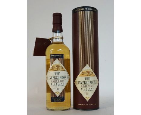THE INVERGORDON 10YO
A bottle of THE INVERGORDON 10 YEAR OLD Single Grain Scotch Whisky.  75cl.  43% abv.  In original tube. 