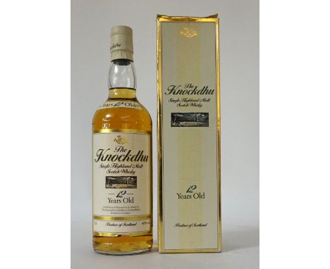 KNOCKDHU 12YO
A 1980's bottling of the KNOCKDHU 12 YEAR OLD Single Malt Scotch Whisky.  75cl.  40% abv.  In original box.  Le