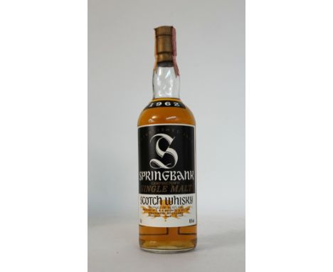 SPRINGBANK 1962
An extremely rare bottle of the SPRINGBANK 1962 VINTAGE Single Malt Scotch Whisky.  75cl.  46% abv.  Distille