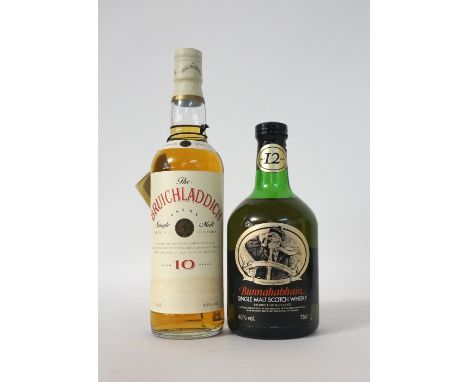 TWO ISLAY MALTS
Two older bottlings from Islay distilleries.  BUNNAHABHAIN 12 YEAR OLD single malt scotch whisky.  75cl.  40%