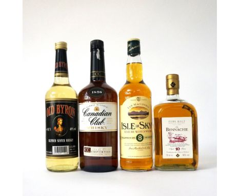 A SELECTION OF WHISKY
A selection of blended, malt and Canadian whisky:  BENNACHIE 10 YEAR OLD blended malt scotch whisky.  7