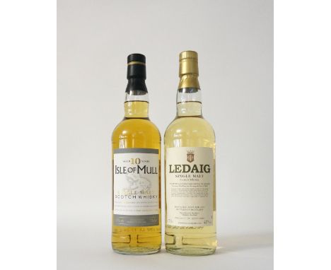 ISLE OF MULL & LEDAIG
Two bottles of Single Malt Scotch Whisky from the Tobermory/ Ledaig Distillery on Mull.  LEDAIG NAS.  7