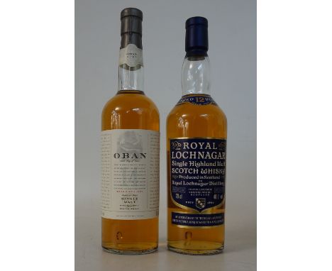 OBAN & ROYAL LOCHNAGAR
2 bottles.  Oban 14 Year Old Single Malt Scotch Whisky.  OB.  70cl.  43% abv.  "Little Bay of Caves". 