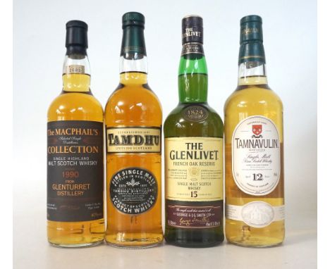SELECTION OF 4 SINGLE MALTS
A selection of four single malt scotch whiskies, including:  THE GLENLIVET 15 YEAR OLD FRENCH OAK