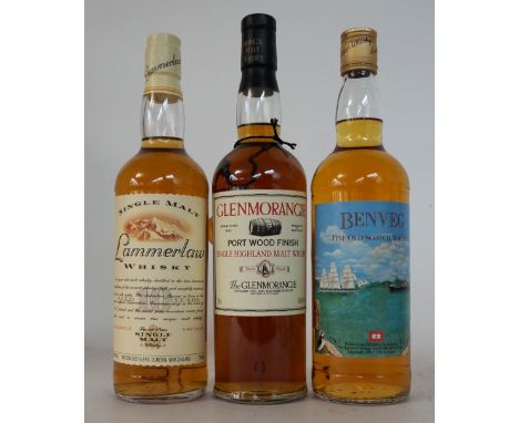 THREE BOTTLES OF WHISKY
Comprising: GLENMORANGIE PORT WOOD FINISH Single Malt Scotch Whisky.  70cl.  46.5% abv.  In original 