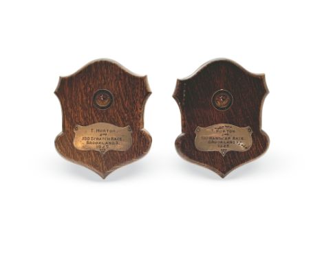 Early HRD interest - two oak shields with silver plaques,each inscribed 'T. Morton 2nd 500 Scratch Race Brooklands 1925' with