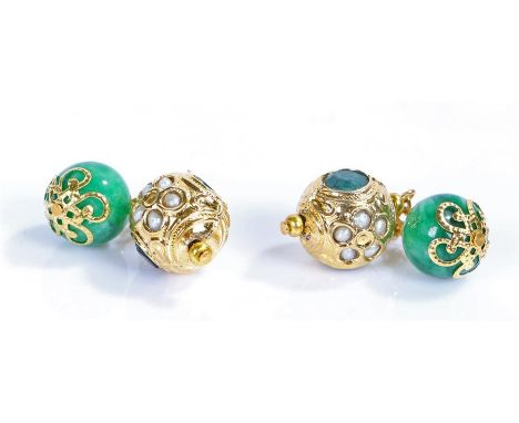 Pair of jade and pearl cufflinks, ball form to each end