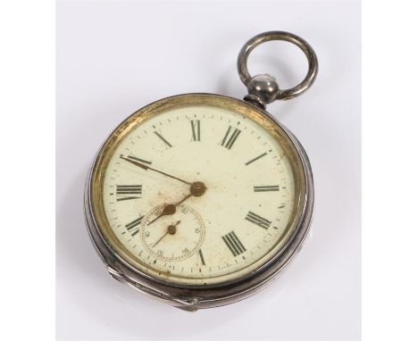 Silver open face pocket watch, the white enamel dial with Roman hours and subsidiary seconds dial, the case 50mm diameter 