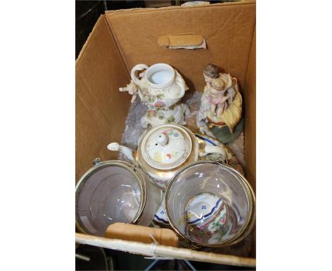 German porcelain vase and cover, with foliate and putto decoration, bisque porcelain figure depicting a mother and child, fam